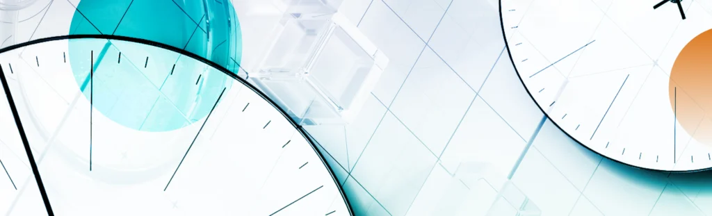 Abstract blog header featuring clocks and design elements, representing E-Discovery Deadlines.