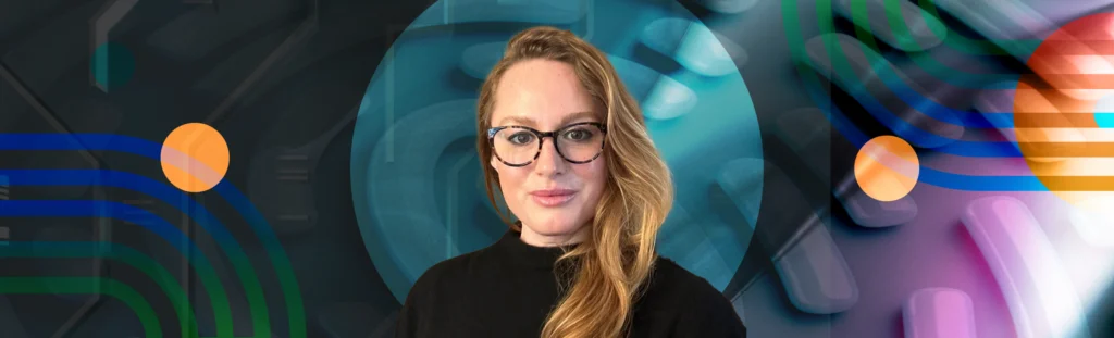 Image of woman wearing glasses on colorful background